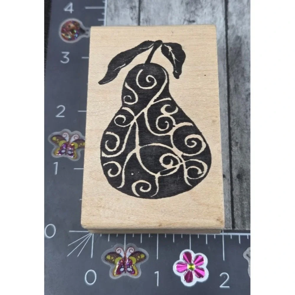 American Art Etched Curly Pear Silhouette Flourish Rubber Stamp Wood #B23